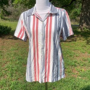 Red White Blue Striped Vintage Lemon Grass Button Up Size Small 100% Cotton USA